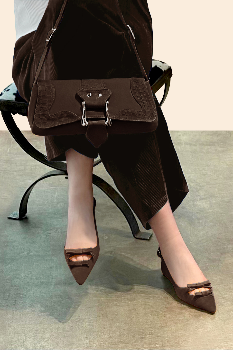 Dark brown women's dress handbag, matching pumps and belts. Worn view - Florence KOOIJMAN